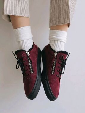 Giuseppe Zanotti London Burgundy Suede Shearling Lined Flat Sneakers EU41 US10.5